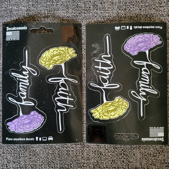 Two Faith Family Flower Car Decals Purple Yellow Blossoms Cups Phone Stickers - Picture 1 of 4